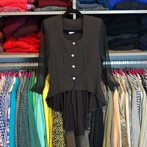 Vintage Speed black with white polka dots semi sheer sleeve blazer with tail M